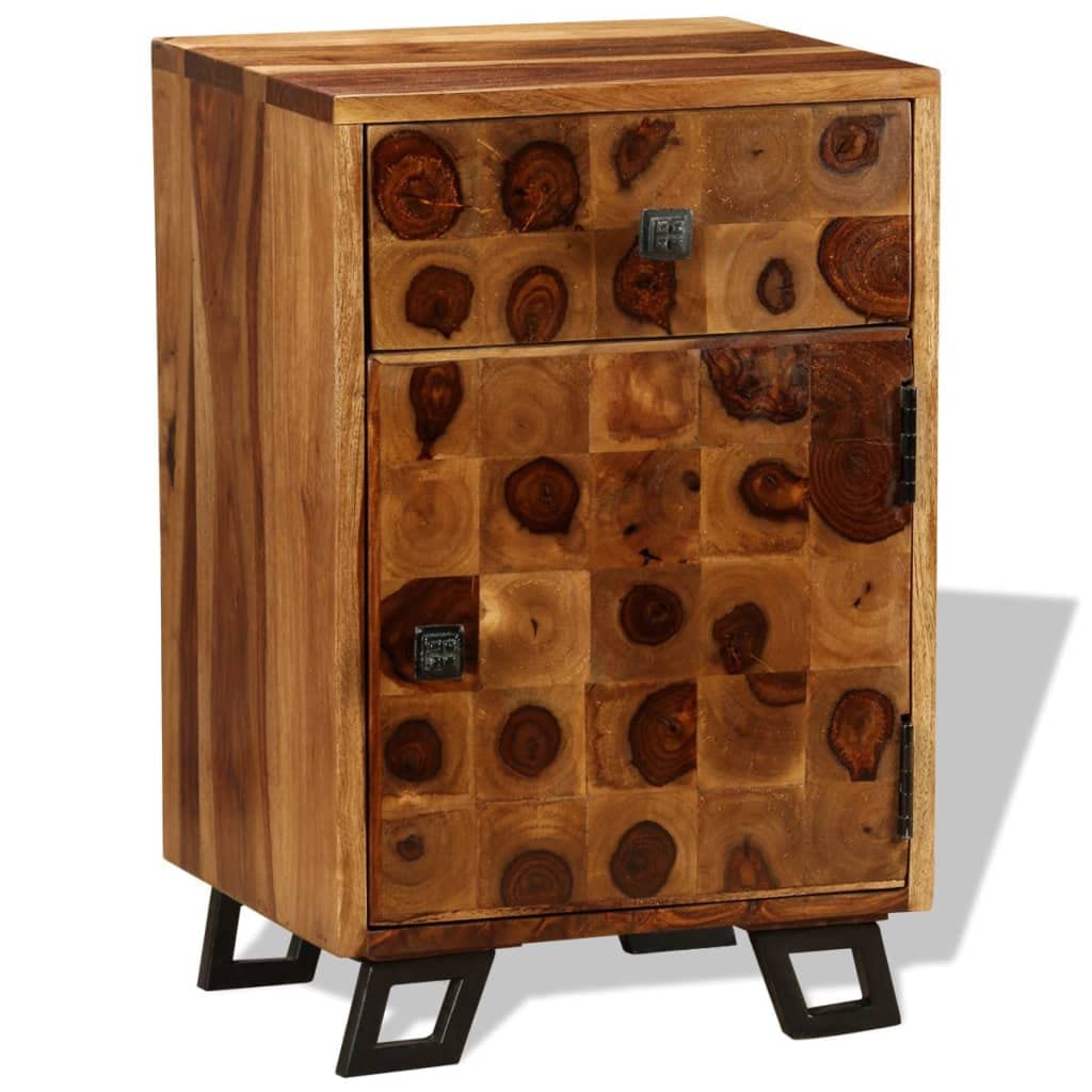 vidaXL Solid Sheesham Wood Nightstand Sturdy Iron Legs Storage Drawer Bedside Cabinet Home Bedroom Side Telephone Stand End Table